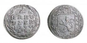 2 Kreuzer AR
Hessen, Darmstadt, Ludwig VIII, 1744
19 mm, 1,02g