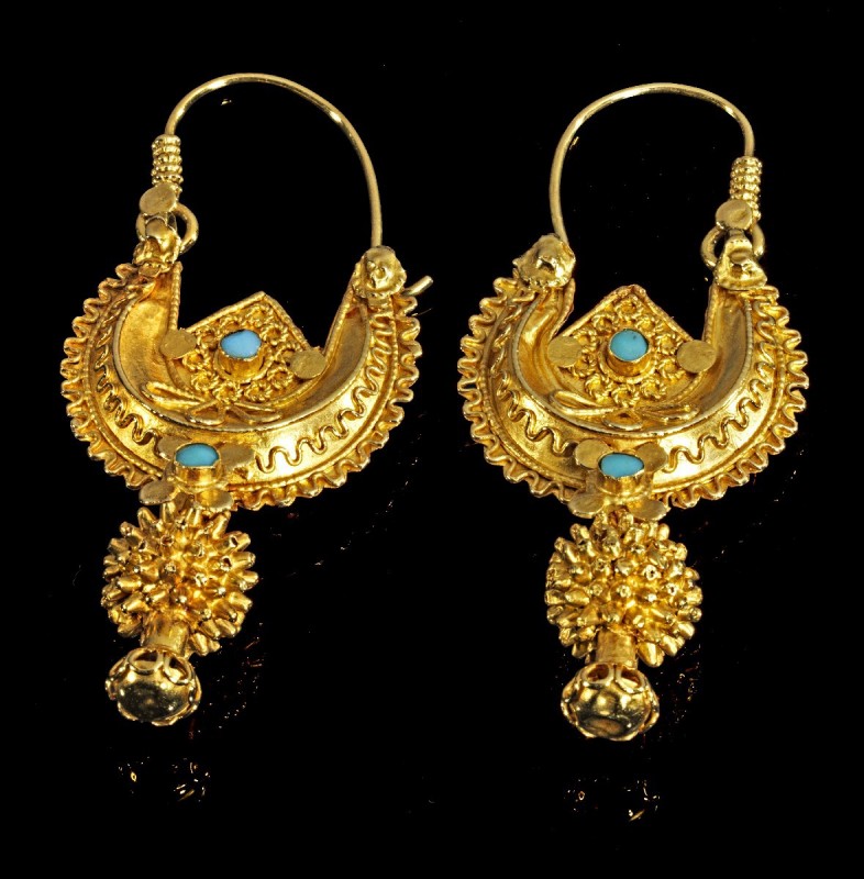 Pair of Islamic Gold Earrings with light blue glass inlays, 10th-14th century AD...