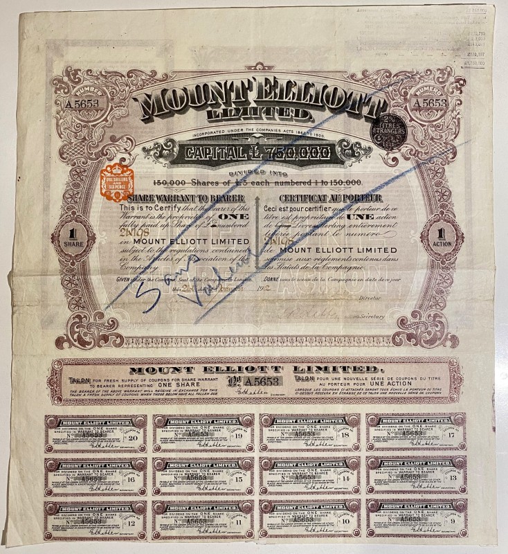 Australia Mount Elliot Limited Share Warrant 1 Share 1912 
Gold, silver and cop...