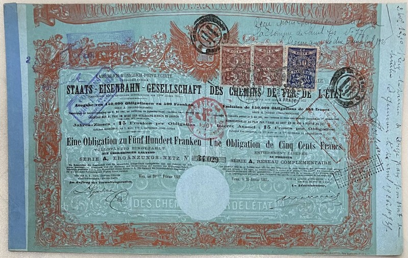 Austria Vienna Obligation of 500 Francs 1867 "Staats-Eisenbahn-Gesellschaft"
# ...