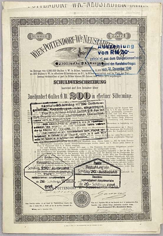 Austria Vienna 5% Loan Obligation of 200 Gulden 1874 "Wien-Pottendorf-Wr.Neustäd...