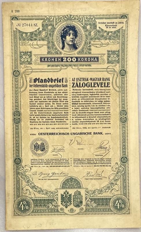 Austria Vienna 4% Mortgage Bond of 200 Kronen 1908 "Austrian-Hungarian Bank"
# ...