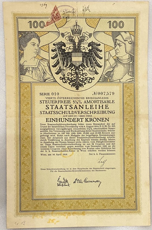 Austria Vienna 5-1/2% State War Bond of 100 Kronen 1916 Staatsanleihe
# 010 007...