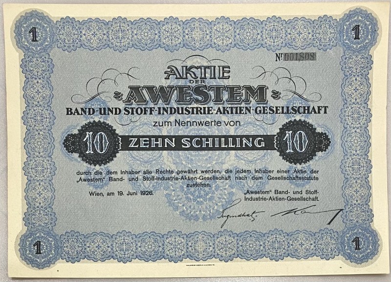 Austria Vienna Share 10 Schilling 1926 "AWESTEM"
# 001808; Aktie der Band-und-S...
