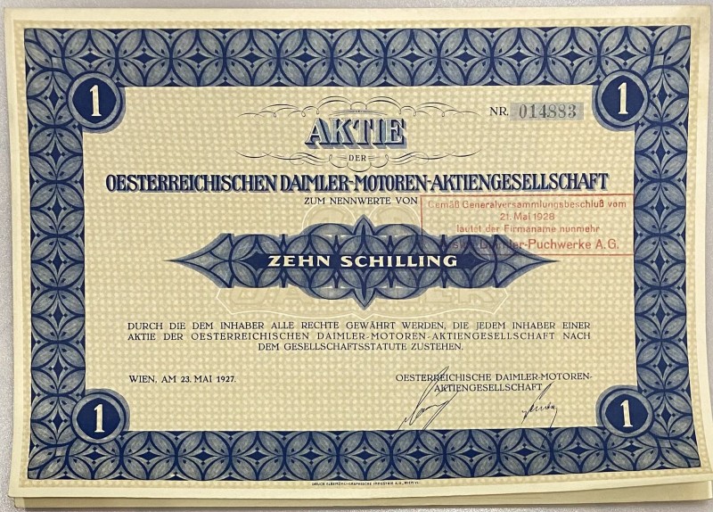 Austria Vienna Share 10 Schilling 1927 "Oesterreichischen Daimler-Motoren-Aktien...