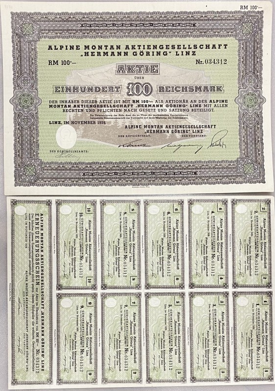 Austria Linz Share 100 Mark 1939 "Hermann Göring"
# 034312; Alpine Montan Aktie...