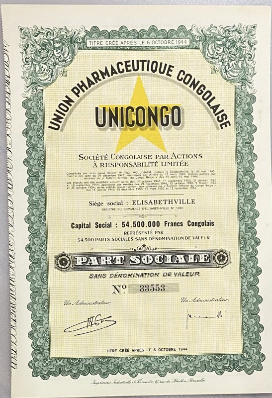 Belgian Congo Elisabethville Share 1000 Francs 1945 "UNICONGO"
# 33553; Union P...