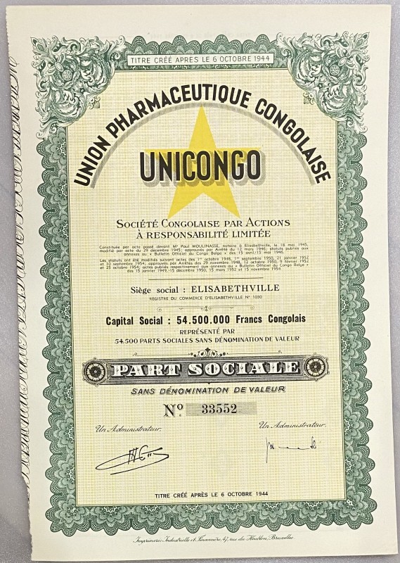 Belgian Congo Elisabethville Share 1000 Francs 1945 Union Pharmaceutique Congola...