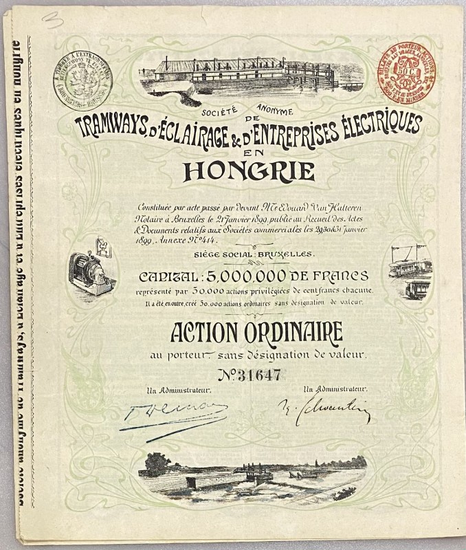Belgium Brussels Ordinary Share 1899 "Tramways d'Eclairage & d'Entreprises Elect...