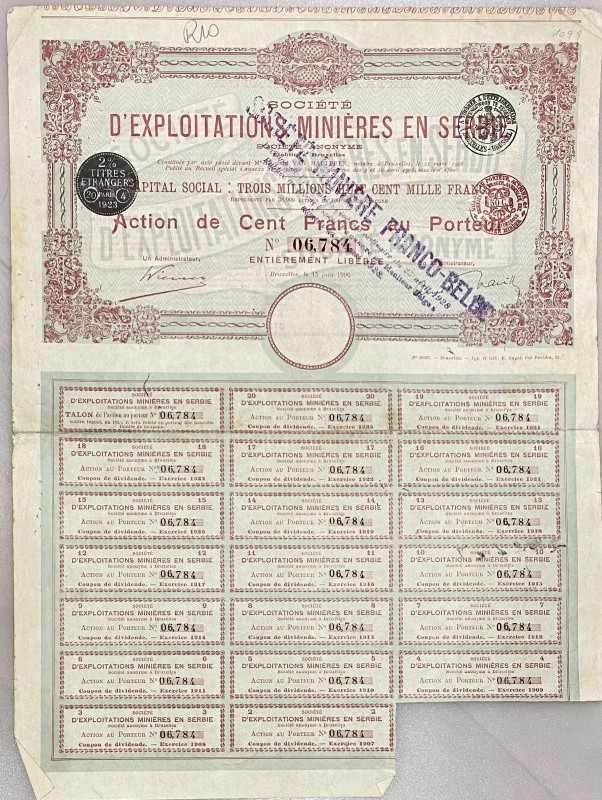 Belgium Brussels Share 100 Francs 1906 "D'Exploitations Minieres en Serbie"
# 0...