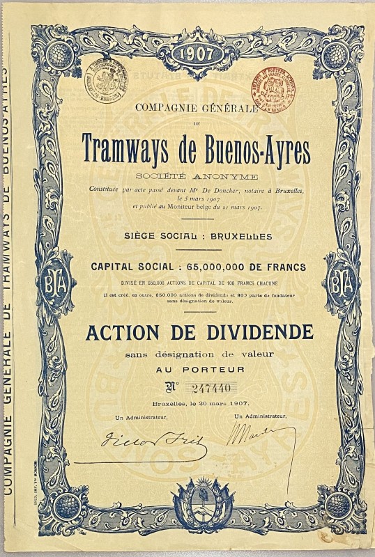 Belgium Brussels Share 100 Francs 1907 "Tramways de Buenos-Ayres"
# 247440; Cap...