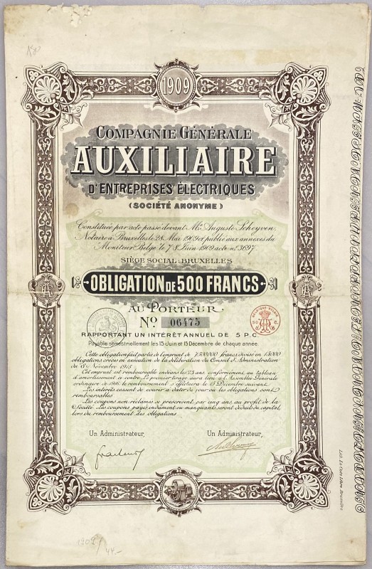 Belgium Brussels Obligation 500 Francs 1909 "AUXILIAIRE"
# 06475; Compagnie Gén...