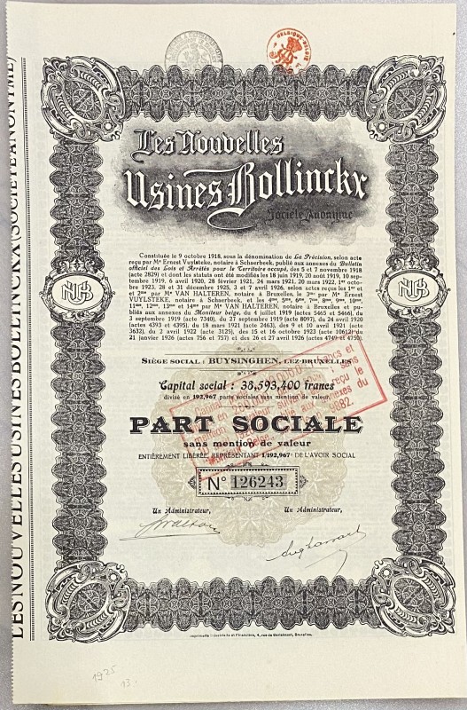 Belgium Brussels Share 1919 "Les Nouvelles Usines Bollinckx"
# 126243; Capital:...