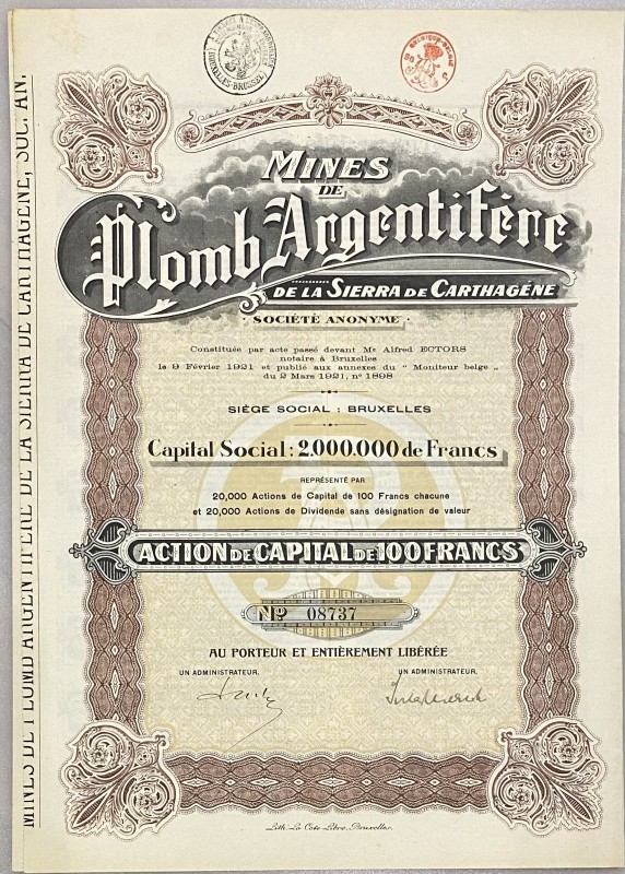 Belgium Brussels Share 100 Francs 1921 "Mines de Plomb Argentifere"
# 08737; Ca...