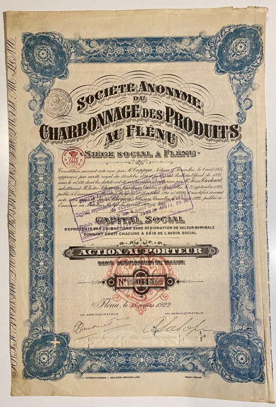 Belgium Flenu Flenu Coal Mining Company Share 1922 
S.A. du Charbonnage des Pro...
