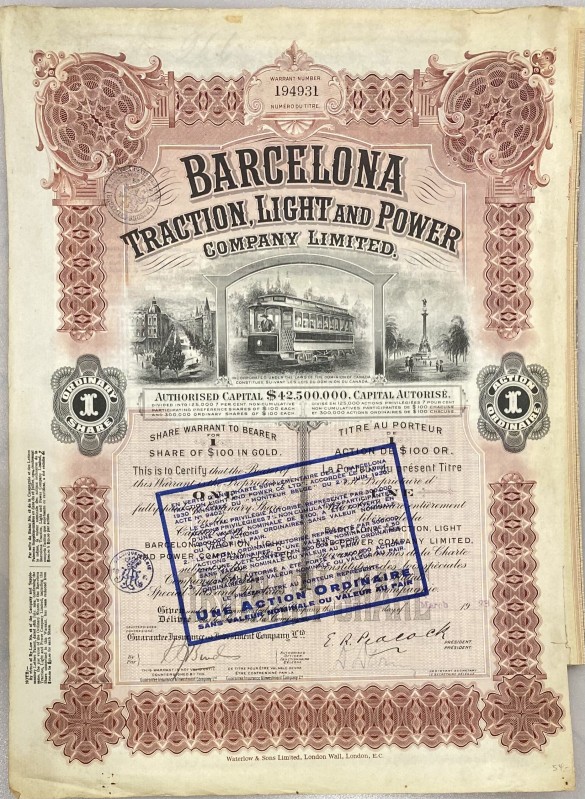 Belgium Ordinary Share 100 Dollars 1923 "Barcelona Traction, Light & Power Compa...