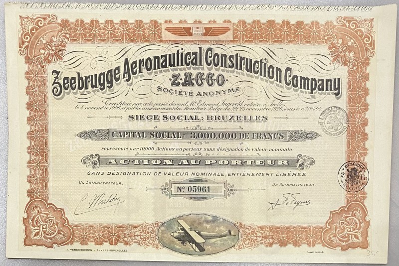 Belgium Brussels Share 300 Francs 1926 "ZACCO"
# 05961; Zeebrugge Aeronautical ...