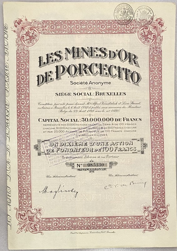 Belgium Brussels Share 100 Francs 1928 "Les Mines d'Or de Porcecito"
# 085330; ...