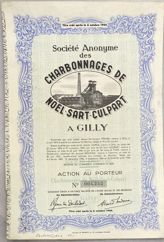 Belgium Charleroi Share 1944 "Charbonnages de Noel-Sart-Culpart"
# 004252; Char...
