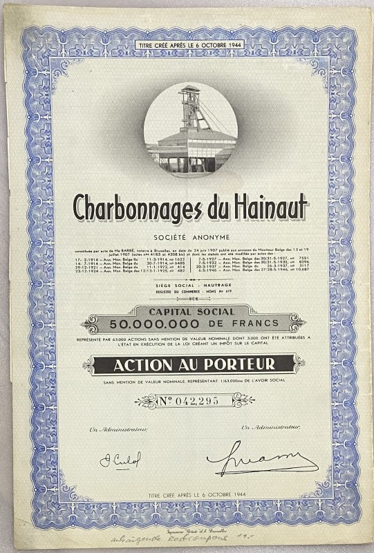 Belgium Hautrage Share 1946 "Charbonnages du Hainaut"
# 042295; Capital: 500000...