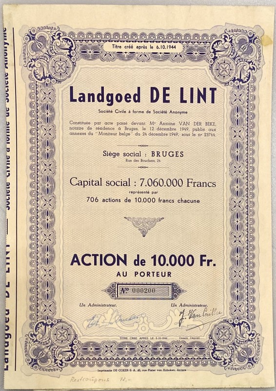 Belgium Bruges Share 10000 Francs 1949 "Landgoed De Lint"
# 000200; Capital: 70...