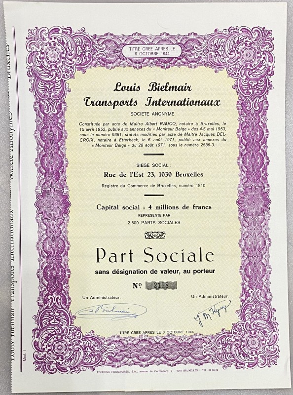 Belgium Brussels Share 1953 "Louis Bielmair Transports Internationaux"
# 2198; ...
