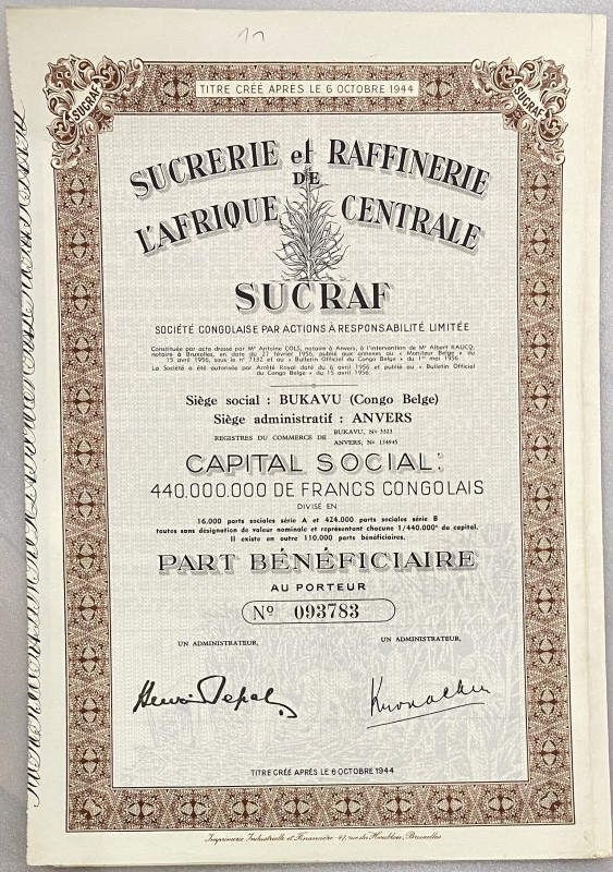 Belgium Brussels Beneficiary Share 1956 "SUCRAF"
# 093783; Sucrerie et Raffiner...