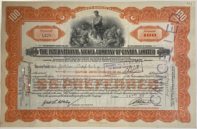 Canada International Nickel Company of Canada Limited Share 100 Shares 1930 
Ca...