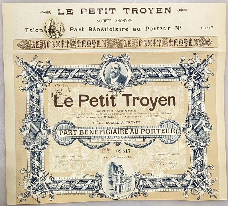 France Troyes Beneficiary Share 25 Francs 1907 "Le Petit Troyen"
# 09817; Capit...