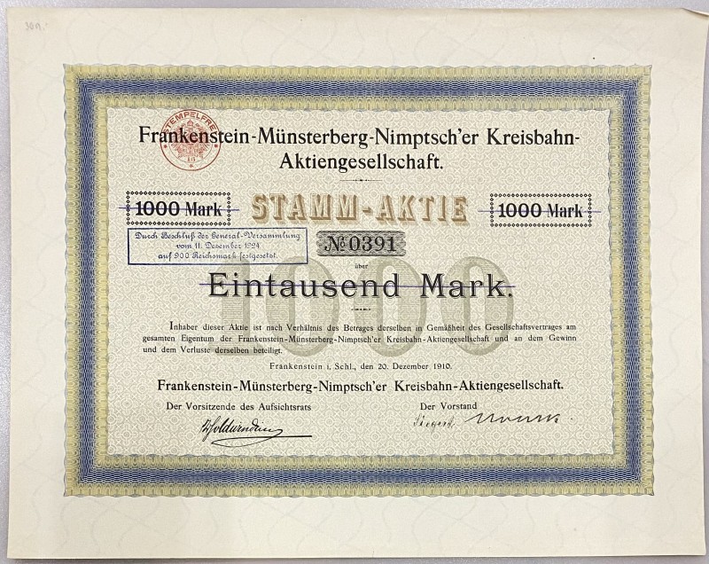 Germany Frankenstein Ordinary Share 1000 Mark 1910 "Frankenstein-Munsterberg-Nim...