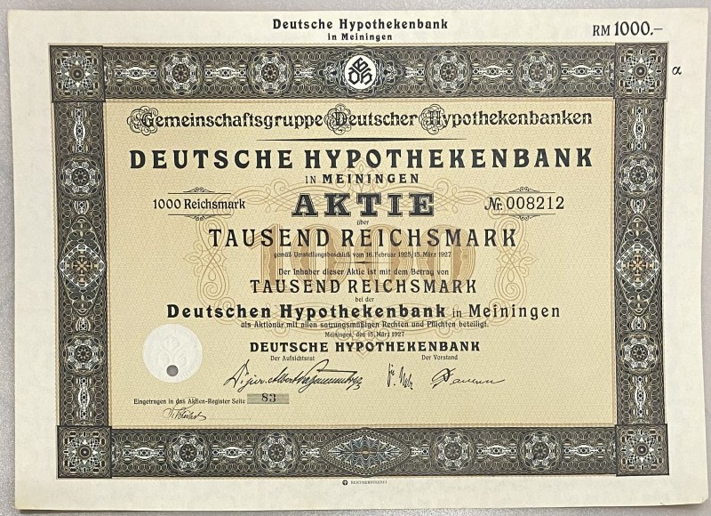 Germany Meiningen Share 1000 Reichsmark 1927 "Deutsche Hypothekenbank"
# 008212...