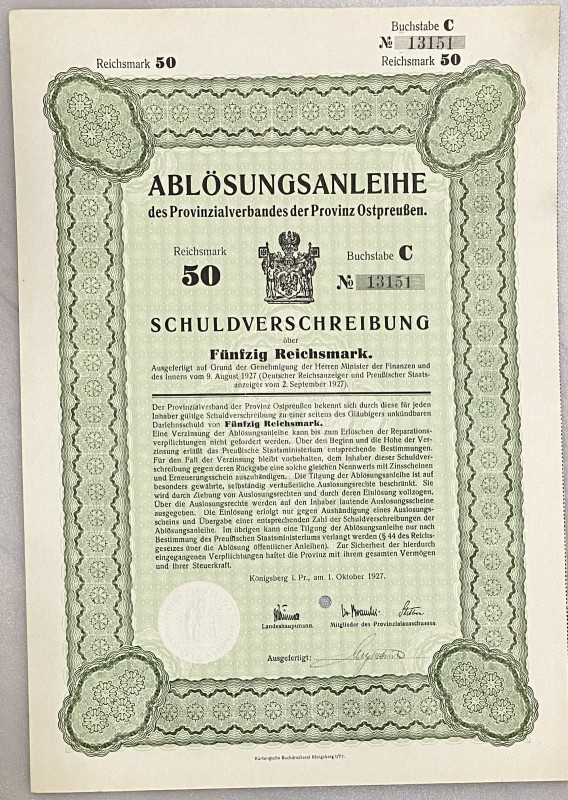 Germany East Prussia, Königsberg Loan Obligation 50 Reichsmark 1927 Ablösungsanl...