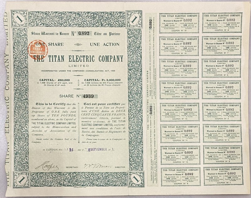 Great Britain London Share 1 Pound 1910 "The Titan Electric Company"
# 4939; Wa...