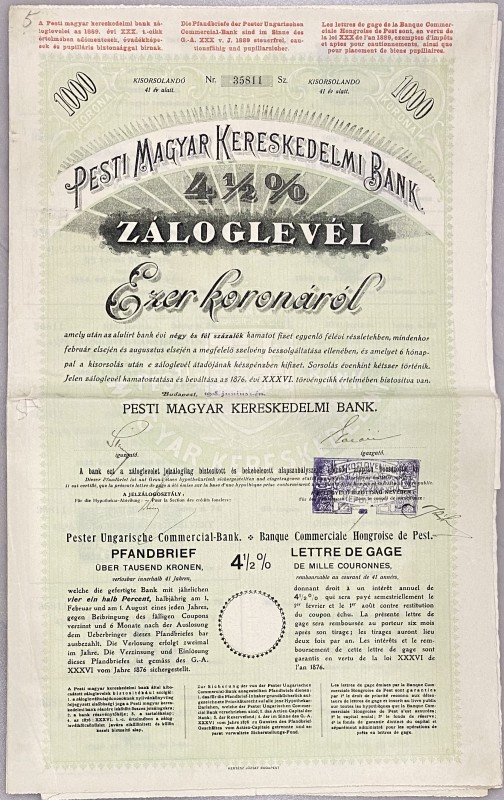 Hungary Budapest 4-1/2% Loan Obligation of 1000 Kronen 1918 "Pester Ungarische C...