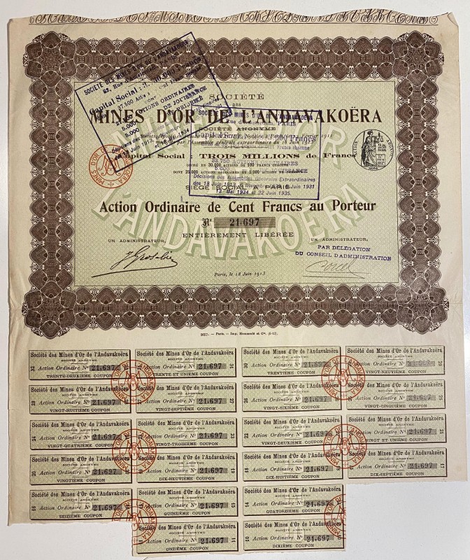 Madagascar Paris Andavakoera Gold Mining Company Ordinary Share 100 Francs 1913 ...