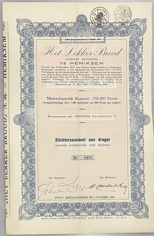 Netherlands Antwerpen, Hemiksem Share 500 Frank 1913 "Het Lekker Brood"
# 0403;...
