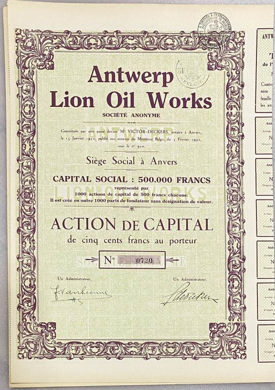 Netherlands Antwerp Share 500 Francs 1932 "Antwerp Lion Oil Company"
# 0720; Ca...
