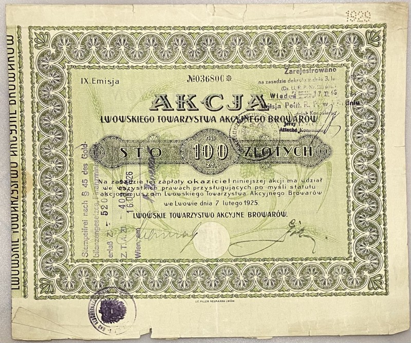 Poland Lemberg Share 100 Zlotych 1925 "Lwowskie Towarzystwo Akcyjne Browarow"
#...