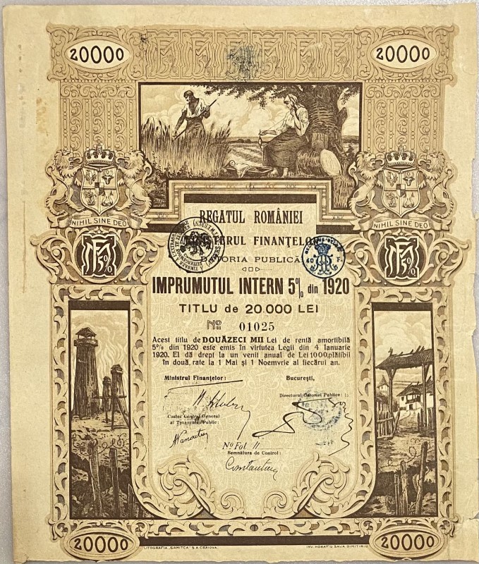 Romania Bucharest 5% Domestic Loan of 20000 Lei 1920 Ministry of Finance
# 0102...