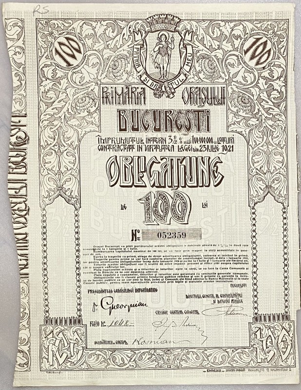 Romania Bucharest 3-1/2% Internal Loan Obligation of 100 Lei 1921 City Hall of B...