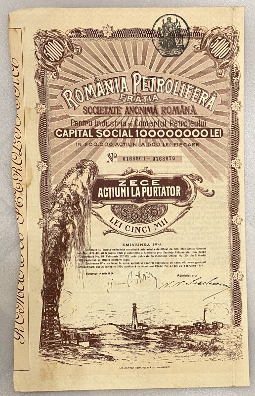 Romania Bucharest Share 500 Lei 1924 "Romania Petrolifera"
# 0168961 - 0168970;...