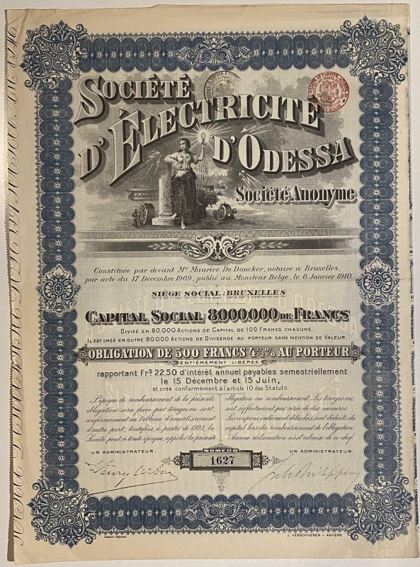 Russia Brussels Odessa Electricity Company 4.5% Bond 500 Francs 1910 
Societe d...
