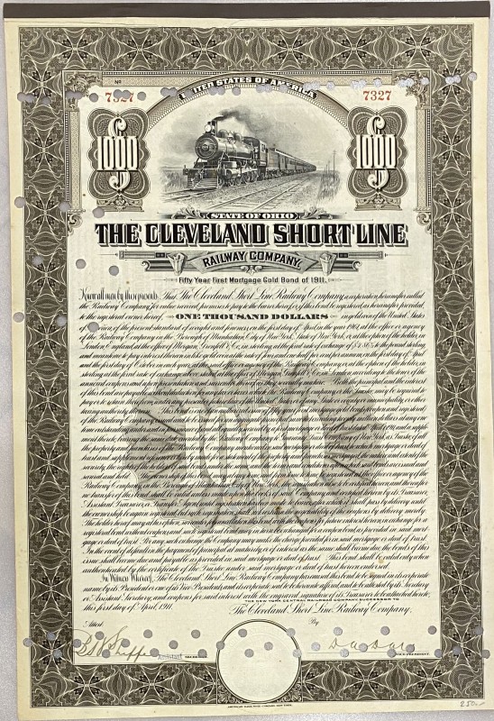 United States Ohio First Mortgage 4-1/2% Gold Bond of 1000 Dollars 1911 "The Cle...