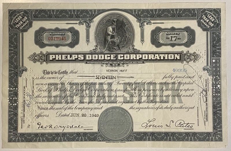 United States New York Phelps Dodge Corporation Share 17 Shares 1949 
Unfiilled...