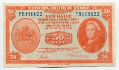 Netherlands Indies 50 Cent 1943 
P# 110a; № FB 116622; UNC; "Queen Wilhelmina"