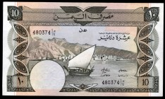 Yemen 10 Dinars 1984 (ND)
P# 9b; № 480374; Deep olive-green on multicolor underprint. Aden harbor, dhow at center. Without English. Back: Date palm a...