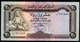 Yemen 20 Rials 1990
P# 26a; № 251559; Dark brown on multicolor underprint. Arch ends straight border across upper center Marble sculpture of cupid wi...