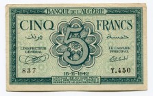 Algeria 5 Francs 1942 
P# 91;
