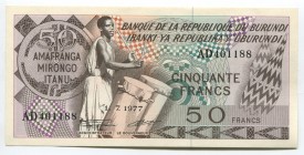 Burundi 50 Francs 1977 
P# 28a; № AD 401188; UNC; Date 01.07.1977
