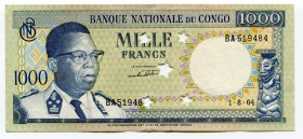 Congo Democratic Republic 1000 Francs 1964 Cancelled Note
P# 8a; XF/AUNC